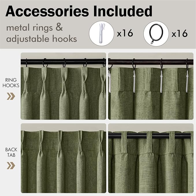 MIULEE Olive Green Pinch Pleated Thick Linen Curtains 84 Inches Long 2 Panels - Image 8