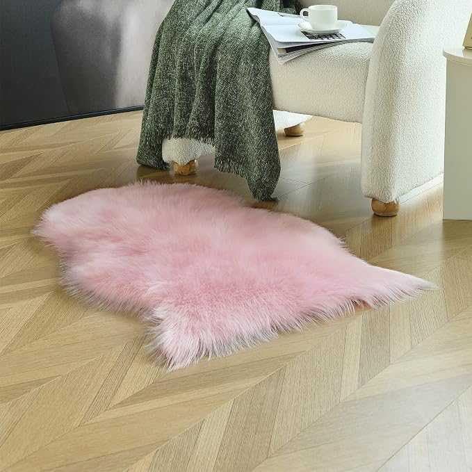 duduta Pastel Pink Rug Faux Sheepskin Fur 2x3 ft, Fluffy Shag Throw Rugs - Image 7