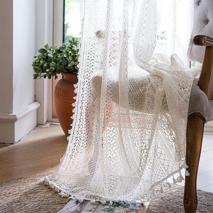 WAZZIO Boho Lace Curtains 63 Inches 2 Panel, Light Filtering Privacy Tassel & by WAZZIO