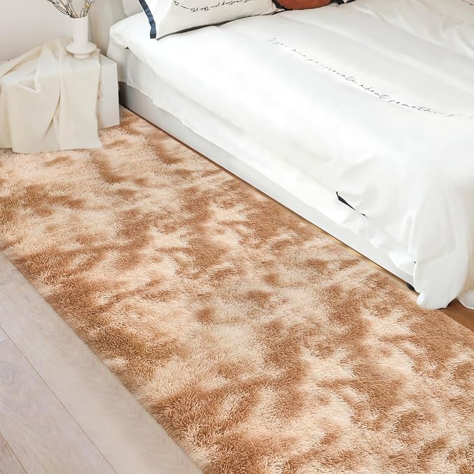 Super Soft Fluffy Living Room Area Rugs 3x10 ft Tie-Dyed Beige Shaggy Furry - Image 3