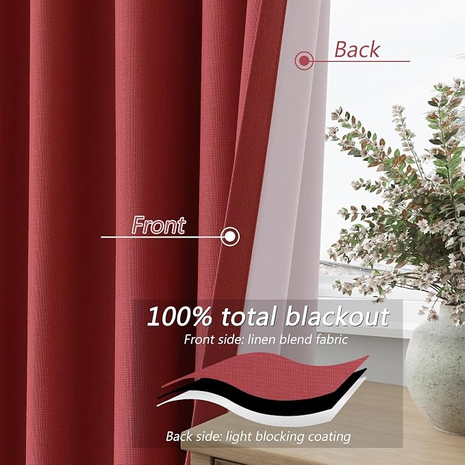 Guken Red 100% Blackout Linen Curtains 120 Inch Length 2 Panels Set - Image 3