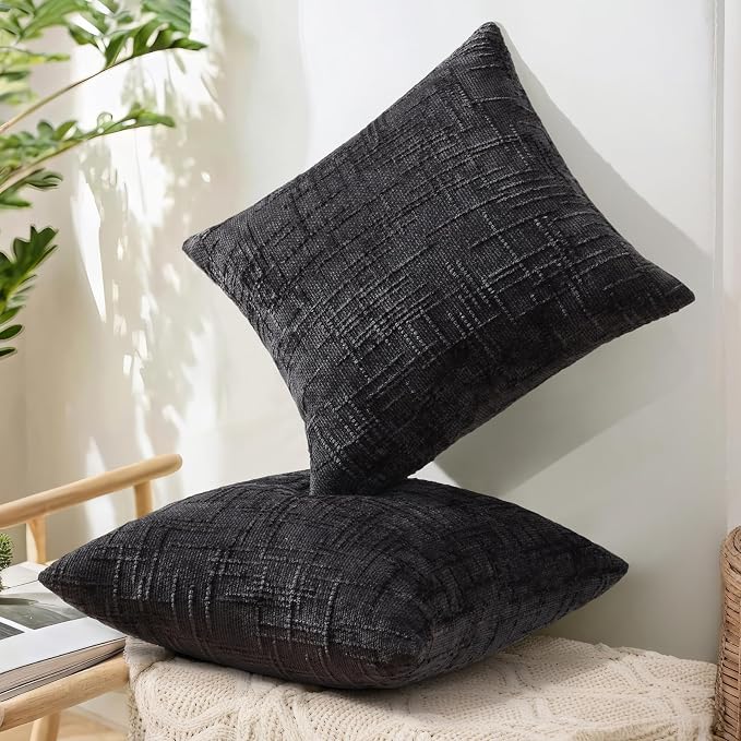decorUhome Black Chenille Euro Sham Throw Pillow Covers 22x22 Set of 2 Textured - Image 6