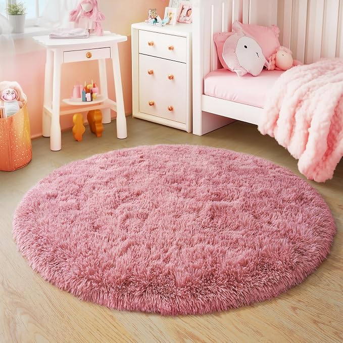 5'x5' Blush Round Rugs for Girls Bedroom, Ultra Soft Fluffy Circle Rug for Kids - Image 9