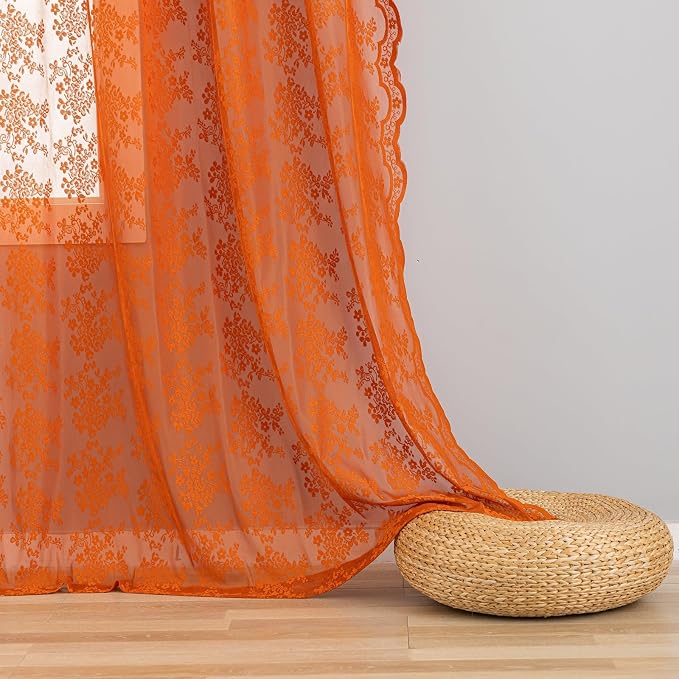 YJ YANJUN Vintage Lace Curtains 96 Inches Long- Rust Floral Terracotta Bay - Image 5