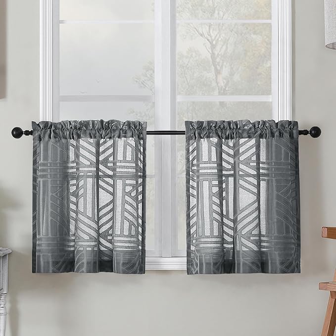 Simplebrand Sheer Charcoal Grey Kitchen Curtains 24 Inch Length Tier Curtains 2 by Simplebrand