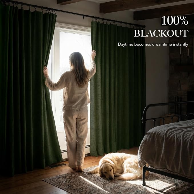 RYB HOME Olive Green 100% Blackout Linen Curtains 102 inches Long, Luxury - Image 3