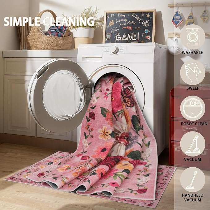 Pink Area Rugs 10x14 Living Room, Non Slip Machine Washable Floral Rugs - Image 8