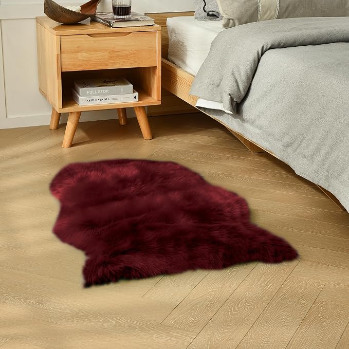 duduta Burgundy Sheepskin Throw Rug 2x3 ft, Fluffy Shag Faux Fur Seat Chair - Image 5