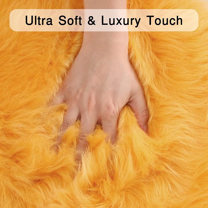 duduta Yellow Faux Sheepskin Round Rug 4x4 ft, Fluffy Shag Fur Bedroom Nursery - Image 4