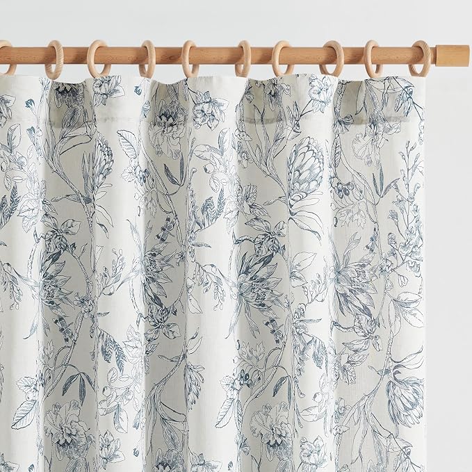 jinchan Floral Curtains 90 Inch Length Blue Flower Linen Farmhouse Curtain by JINCHAN