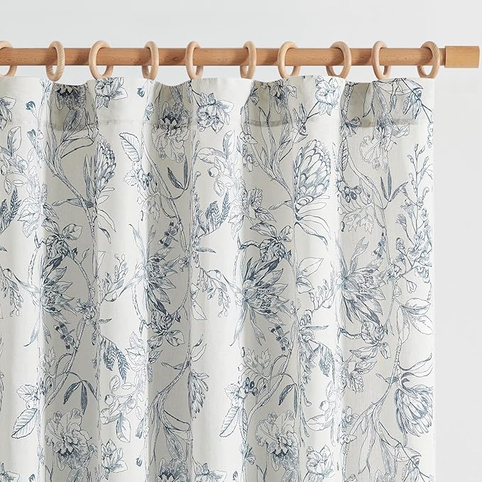 jinchan Floral Curtains 84 Inches Long Blue Flower Linen Farmhouse Curtain by JINCHAN