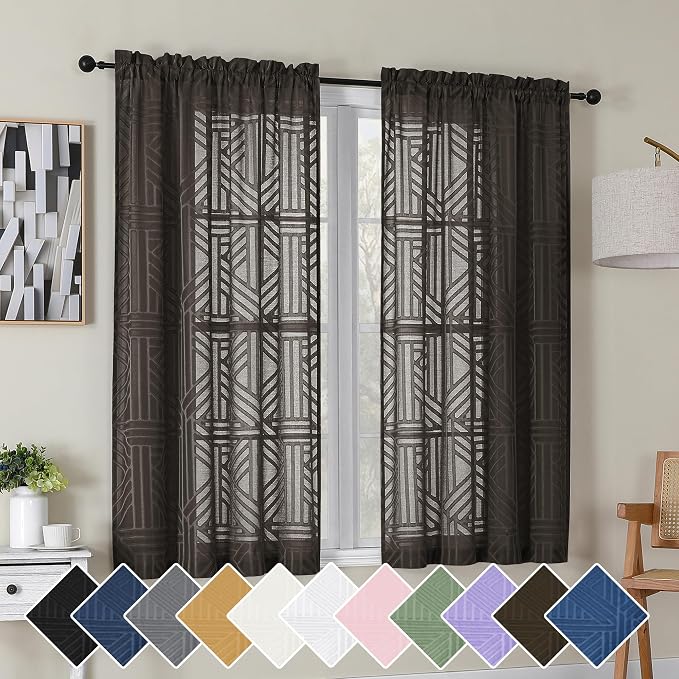Simplebrand Chocolate Semi Sheer Curtains 45 Inch Length 2 Panels, Geometric by Simplebrand