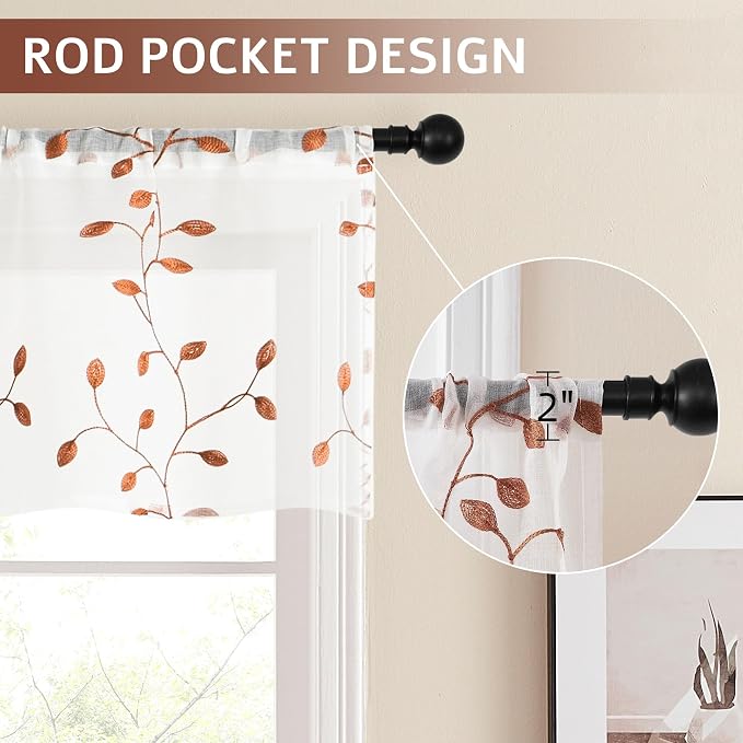MRTREES Sheer Christmas Curtain Valance, 2 Panels Voile Leaves Embroidered - Image 2