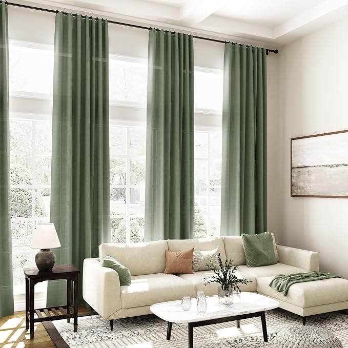 Nanspring Olive Green Linen Blend Semi Sheer Curtains 108 Inches Long x 60 - Image 6