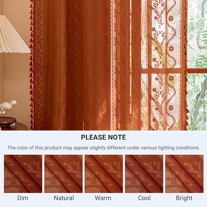 WAZZIO Boho Lace Curtains 102 Inch 2 Panels -Vintage Sheer Panel Drape Floral - Image 9