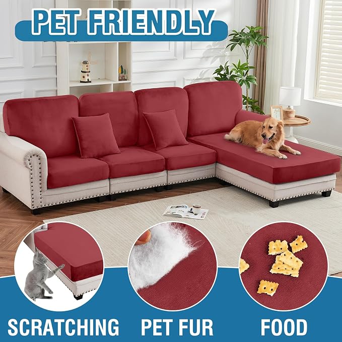 Couch Cover 4-Piece Elastic Velvet Couch Cushion Covers & Chaise Slipcovers - Image 4