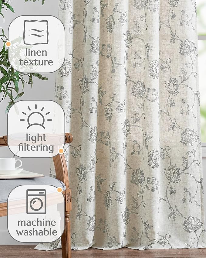 jinchan Linen Curtains Floral Curtains 96 Inch Length - Image 4