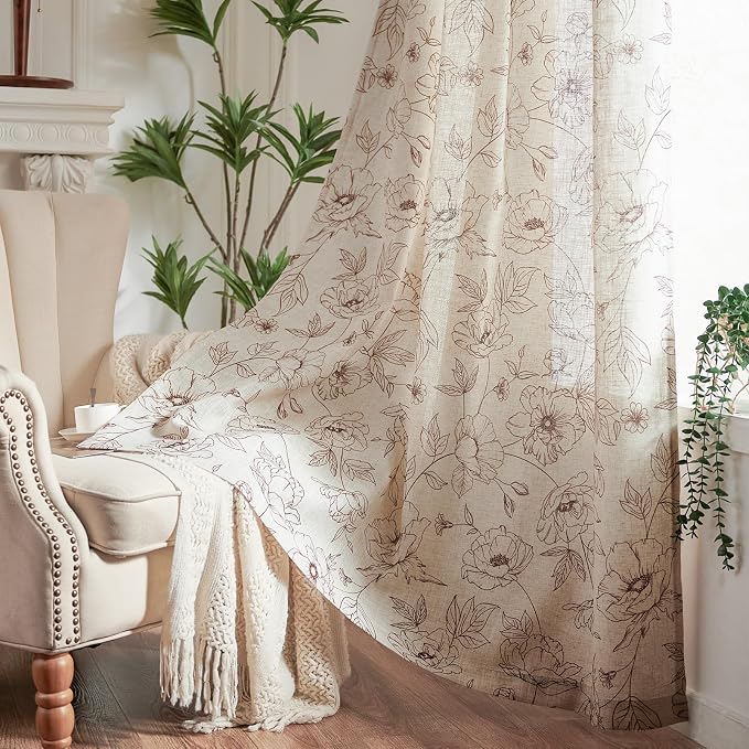 jinchan Floral Linen Curtains for Living Room 96 Inch Length Brown Flower - Image 7