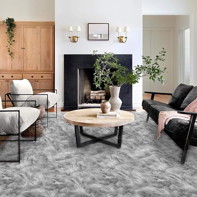 Latepis Washable Area Rugs 9x12 Living Room Gray Fur Rug Super Large Faux - Image 2