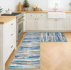 Lansny Modern Abstract Kitchen Rug Set of 2, 2x3 and 2x6 Blue Washable Rug - Image 2