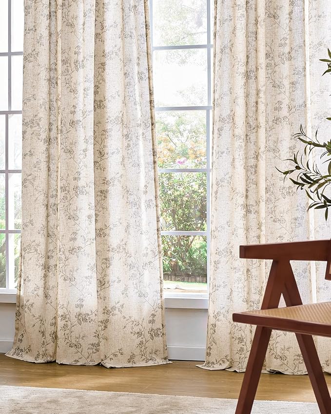 Lazzzy Grey Floral Linen Curtains 84 Inch Farmhouse Back Tab Drapes - Image 7