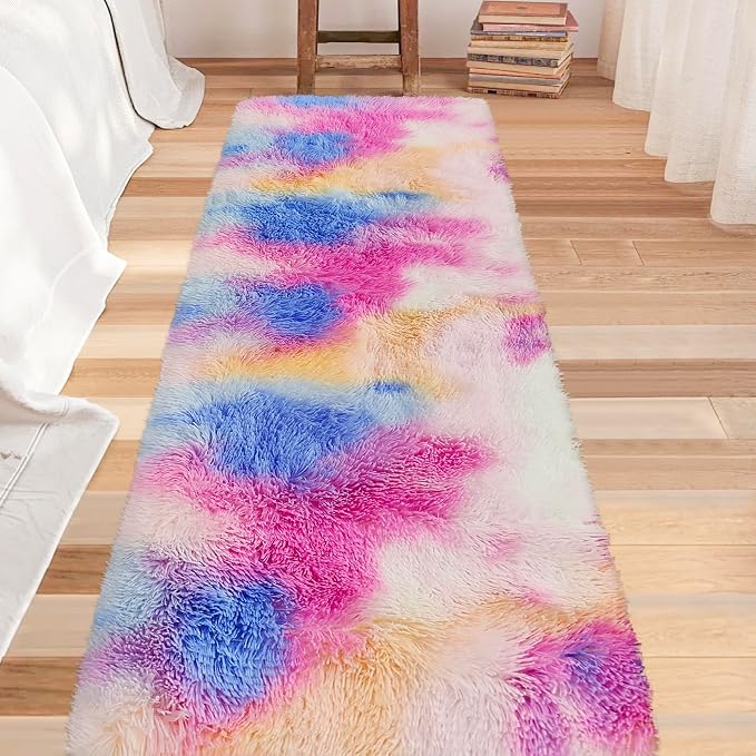 Fluffy Colorful Rug for Bedroom 2x8 ft Kawaii Tie-Dyed Area Rug Non Slip Cute - Image 5