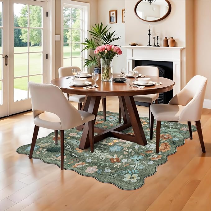 Floral Square Area Rug for Family: Washable 5x5 Scalloped Carpet for Living - Image 5