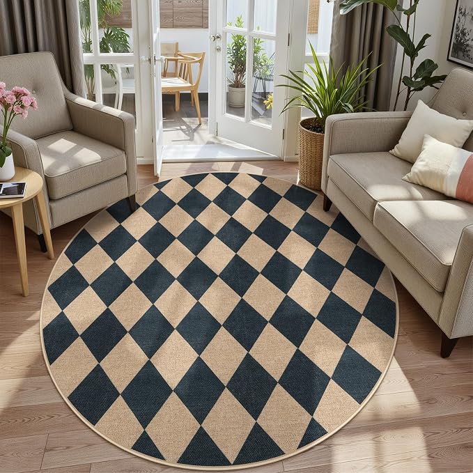 Lahome Colette Checkered Round Rugs 6ft, Washable Easy Jute Circle Patio Rug - Image 2