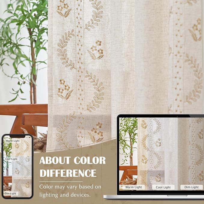 jinchan Belrose Linen Curtains for Bedroom Floral Curtains 90 Inch Length Linen - Image 8