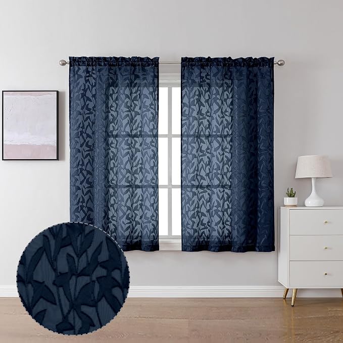 Lecloud Leia Clip Semi Sheer Navy Blue Curtains 45 Inch Length 2 Panels by Lecloud