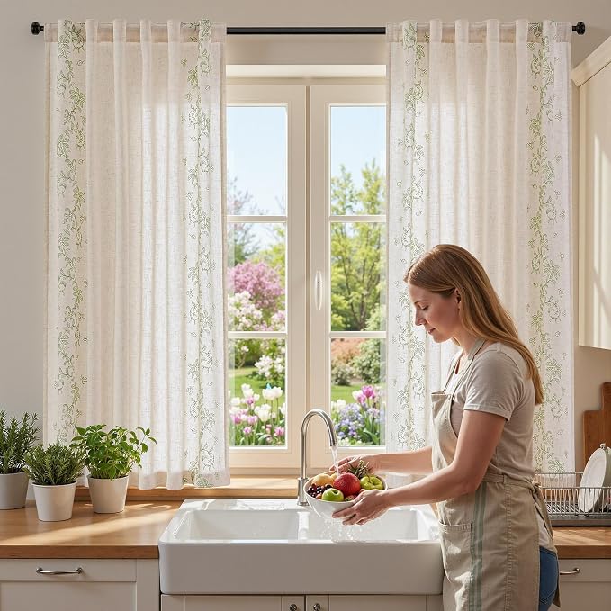 jinchan Evelyn Embroidered Linen Curtains 63 inch Floral Curtains - Image 7