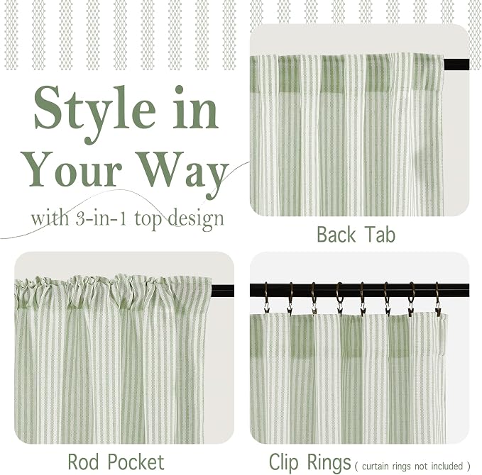 RYB HOME Sage Green Linen Kitchen Cafe Curtains 24 inch Length, Farmhouse - Image 2