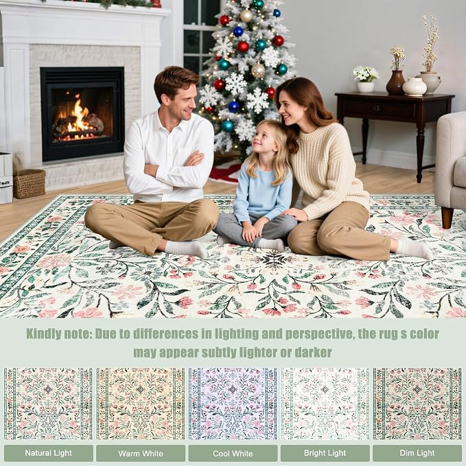 Area Rugs 9x12 Living Room: Floral Washable Rug Vintage Large Soft Boho - Image 8