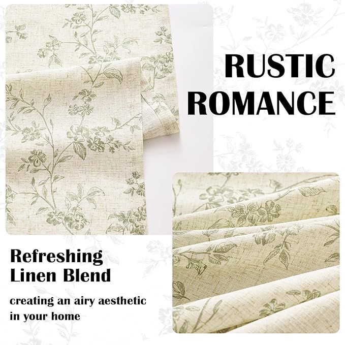 Lazzzy Green Floral Linen Curtains 84 Inch Farmhouse Back Tab Drapes - Image 5