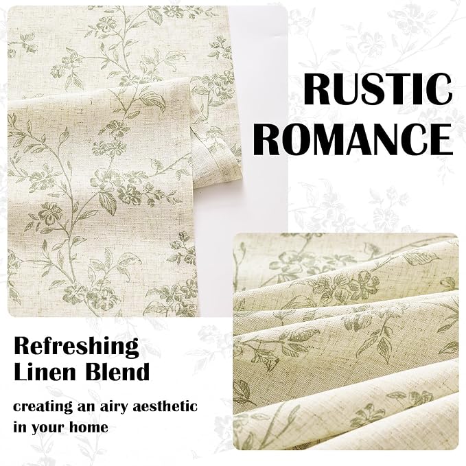 Lazzzy Green Floral Curtains 84 Inch Length Linen Farmhouse Curtain Back Tab - Image 4