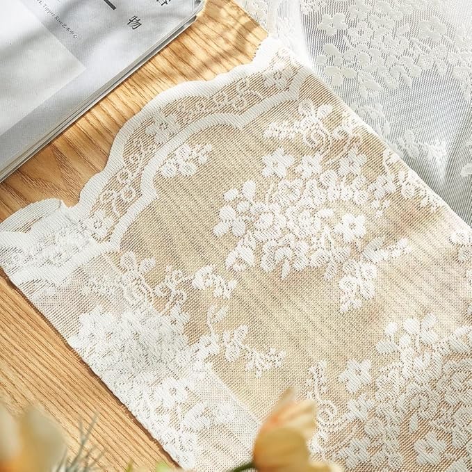 YJ YANJUN Vintage Lace Curtains 80 Inch Length Victorian Floral Cream Sheer - Image 5