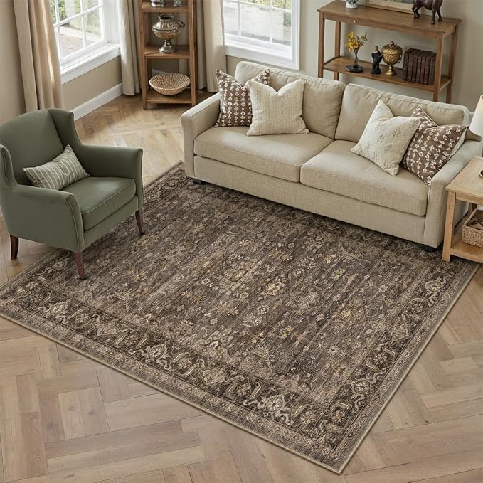 3x4 Washable Area Rug for Entryway Vintage Brown Non Slip Low Pile Carpet - Image 5