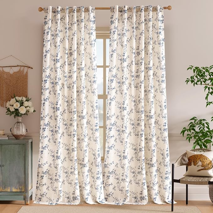 Lazzzy 90 Inch Length Curtain for Living Room Bedroom Blue Floral Drapes Linen - Image 2