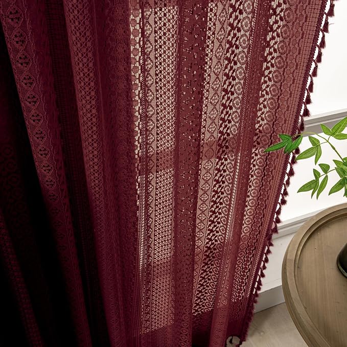 WAZZIO Boho Lace Curtains 84 Inches 2 Panel, Light Filtering Privacy Tassel & - Image 6