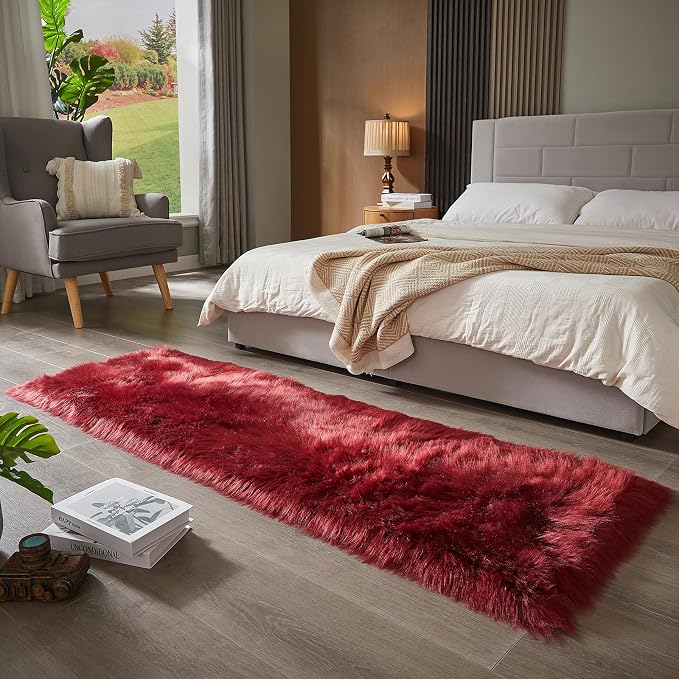 AMTOVO Faux Fur Rug, Burgundy Ultra Soft Fluffy Shag Sheepskin Rug, 2 x 6 ft - Image 4
