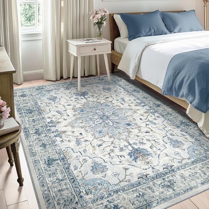 Area Rugs 5'x7' Washable Non-Slip, Floral Vintage Distress Print Pattern - Image 3