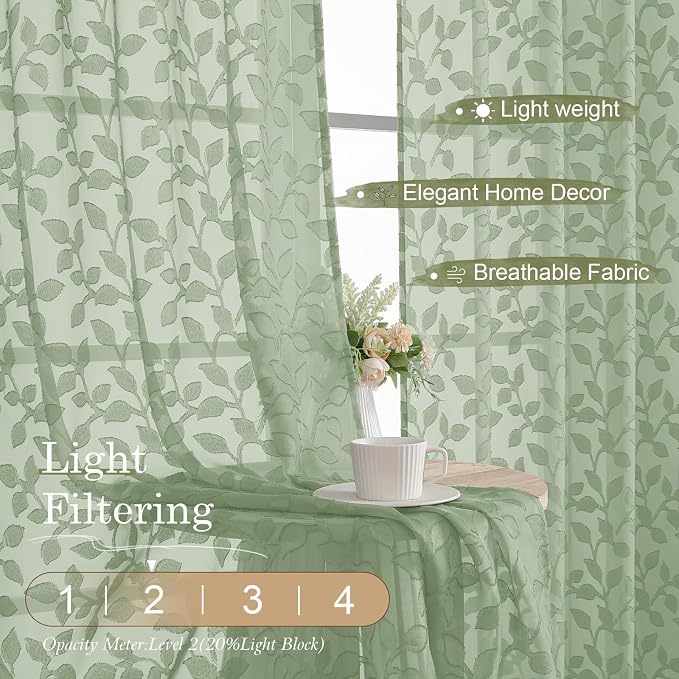 Chyhomenyc Sage Green Sheer Curtains 96 Inch Length 2 Panels Set, Light - Image 2