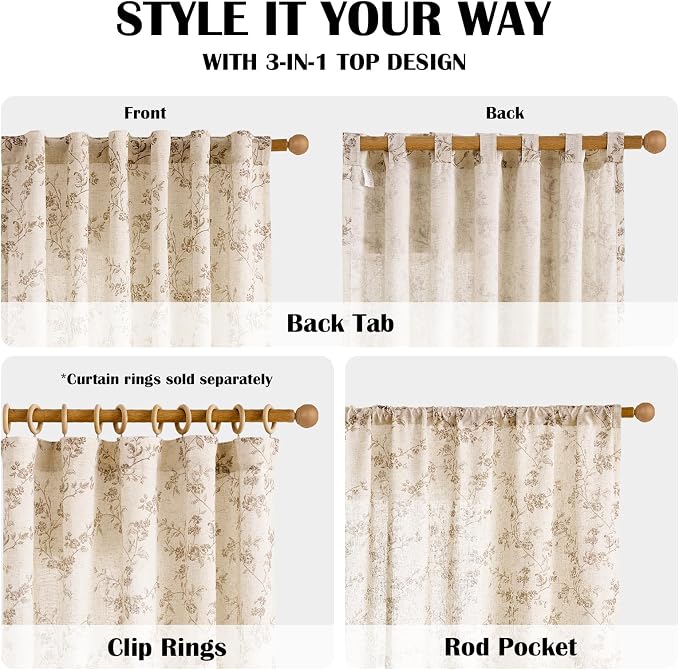 Lazzzy Taupe Floral Linen Curtains 84 Inch Farmhouse Curtain Back Tab Drapes - Image 4