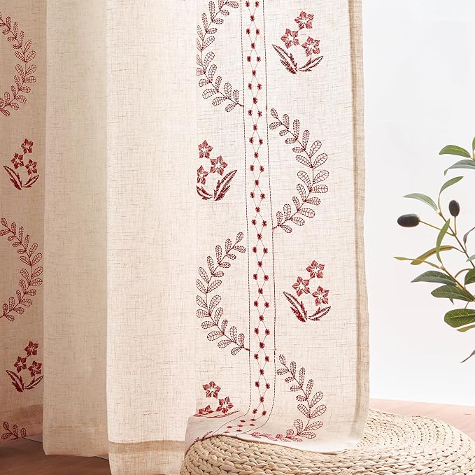 jinchan Belrose Linen Curtains for Bedroom Floral Curtains 84 Inch Length Linen - Image 9