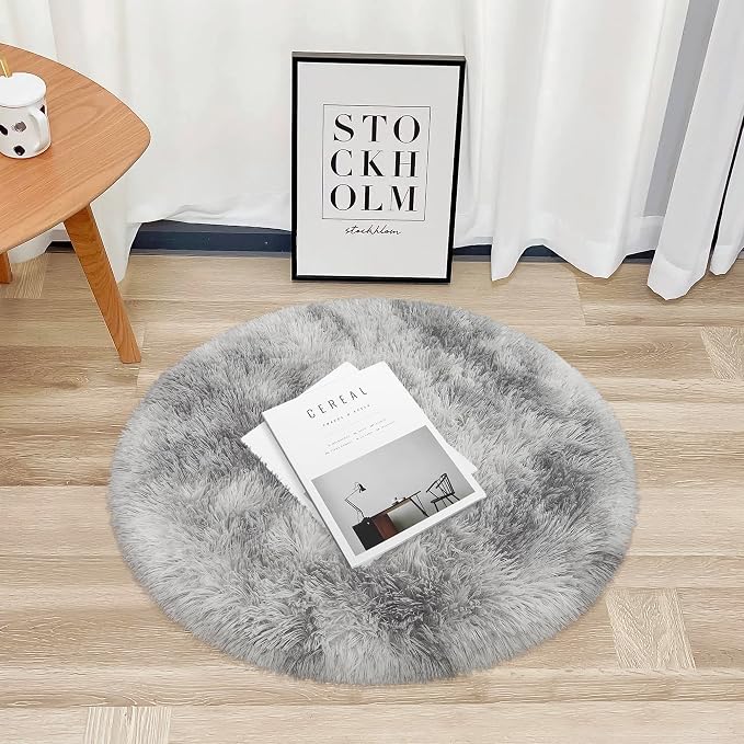 Tie Dye Grey Round Rugs Small 3x3 ft Fluffy Circle Rug Furry Carpet Shaggy - Image 6