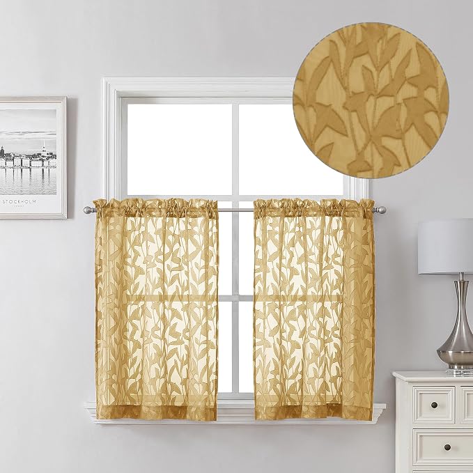 Lecloud Leia Dark Gold Sheer Kitchen Curtains 30 Inch Length 2 Panels, by Lecloud