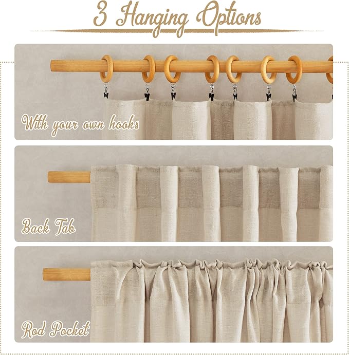 NICETOWN Linen Cream Curtains 90 inches Long, Rod Pocket & Back Tab Flax Linen - Image 3