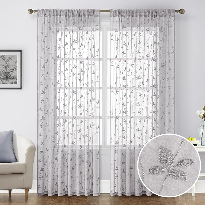 HOMEIDEAS Light Grey Sheer Curtains 52 X 96 Inches Length 2 Panels Embroidered - Image 9