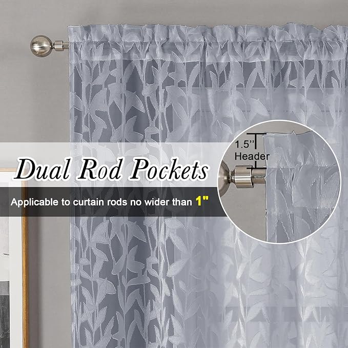 Lecloud Leia Light Grey Sheer Curtains 90 Inches Long 2 Panels, Texture Patio - Image 2