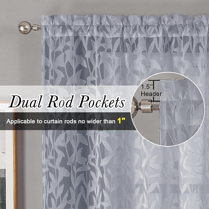 Lecloud Leia Light Grey Sheer Curtains 54 Inch Length 2 Panels, Light Reducing - Image 2